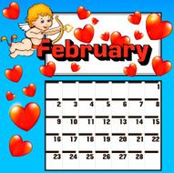 calendar for February Valentines day heart cupid bow