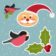 funny cartoon winter holidays set with cute Santa bullfinch