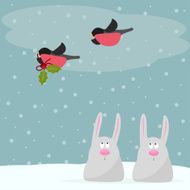 Funny winter holidays card background with cute cartoon rabbits N2