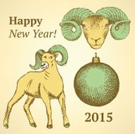 Sketch New Year ram and ball in vintage style