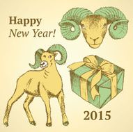 Sketch New Year ram and present in vintage style