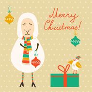 Christmas card with cute sheep in winter scarf and presents
