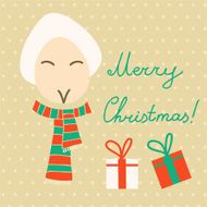 Christmas card with cute sheep in winter scarf