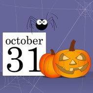 calendar page with pumpkin jack-o-lantern and spider on its web