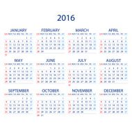 Calendar for 2016 on White Background Week Starts Monday Vector N6