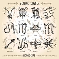 Set of hippie and bohemian style hand drawn zodiac signs