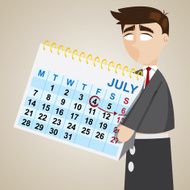 cartoon puppet businessman showing weekend on calendar