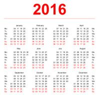 2016 Calendar template Vertical weeks First day Monday