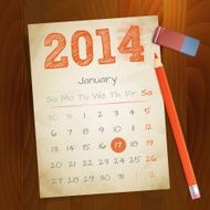 Calendar January 2014 vintage paper note on wood background