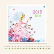 Calendar for june 2015 with girl watercolor painting