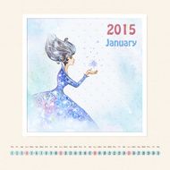 Calendar for january 2015 with girl watercolor painting