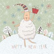 Funny sheep on winter background and Happy new year 2015