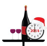 new 2014 year with bottle of wine and clock vector