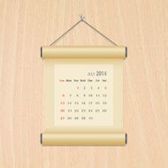 July 2014 calendar on wood wall