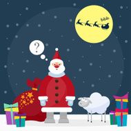 funny cartoon winter holidays background with Santa and cute sheep