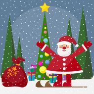 winter holidays background with cute funny cartoon Santa