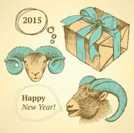 Sketch New Year ram and present in vintage style N3