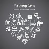 Hand drawn vector set wedding icons marriage rings couple love