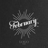 handwritten February retro label with light rays