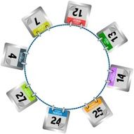 Coloured calendar pages hanging in circle