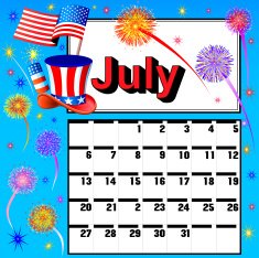 calendar for July independence day fireworks flag hat