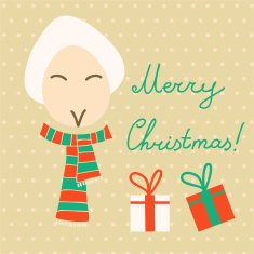 Christmas card with cute sheep in winter scarf