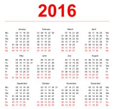 2016 Calendar template Vertical weeks First day Monday