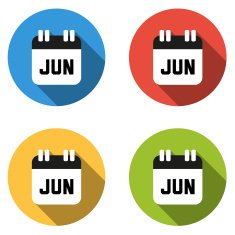 Collection of 4 isolated flat colorful buttons for June (calenda