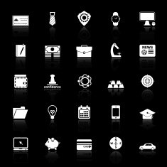 Businessman item icons with reflect on black background