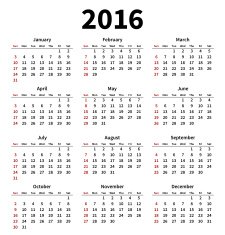 Simple 2016 year calendar on white background