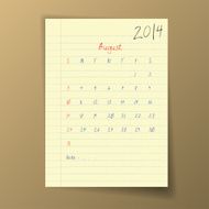 Calendar 2014 August in sketch style on notebook sheet