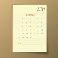Calendar 2014 December in sketch style on notebook sheet