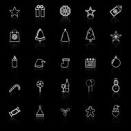 Christmas line icons with reflect on black background