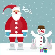 funny cartoon winter holidays card with Santa rabbits and snowman