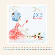 Calendar for december 2015 with girl watercolor painting