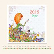 Calendar for may 2015 with girl watercolor painting