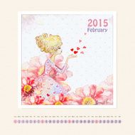 Calendar for february 2015 with girl watercolor painting