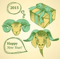 Sketch New Year ram and present in vintage style N4