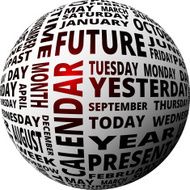 Time and calendar word cloud sphere glowing