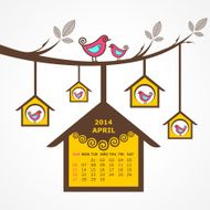 Calendar of April 2014 with birds sit on branch