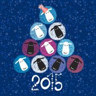 2015 new year card with Christmas tree of cute sheeps N2