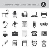 Office Supplies and Stationery Objects Mono Icons Set A