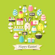 Easter Holiday Card with Flat Icons Set circular shaped