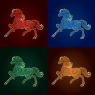 Set of vintage horse silhouette on colored background