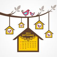 Calendar of September 2014 with birds sit on branch