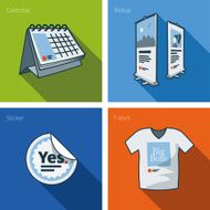 Printouts icon set of calendar rollup banner sticker and t-shirt