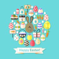 Easter Holiday Greeting Card with Flat Icons Set circular shaped