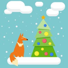 winter holidays card with funny cartoon fox and spruce