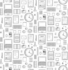 Seamless Pattern Office Supplies Flat Monochrome Black Lines