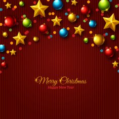 Christmas colorful balls and golden stars on purple striped background